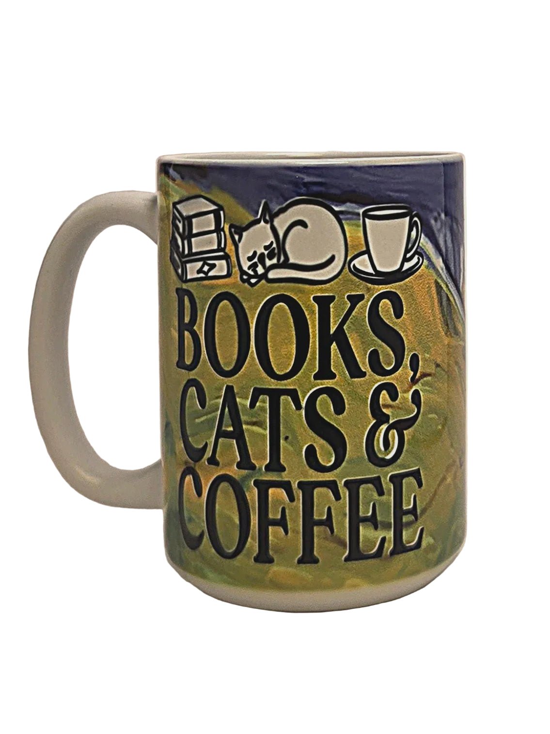 15oz Cats Coffee and Books edition Premium Ceramic Mug - time to relax - Coffee Quips Custom Drinkware