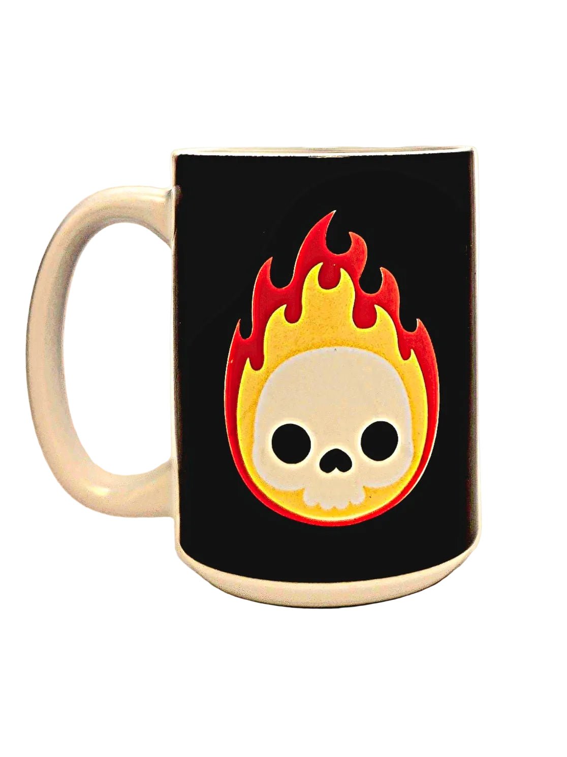 15oz Premium Ceramic Coffee Mug Black Flaming Cartoon Skull - Dishwasher Safe - Coffee Quips Custom Drinkware