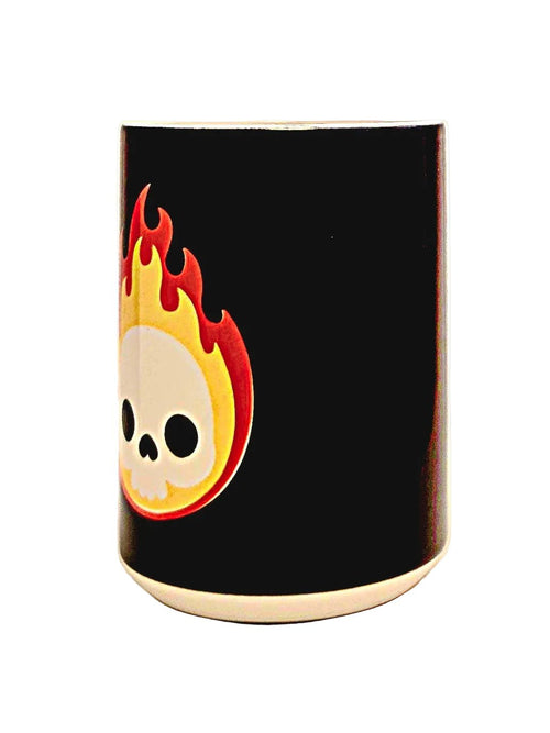 15oz Premium Ceramic Coffee Mug Black Flaming Cartoon Skull - Dishwasher Safe - Coffee Quips Custom Drinkware