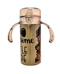 Stainless Steel tumbler with two large handles and teddy bear graphic and text.