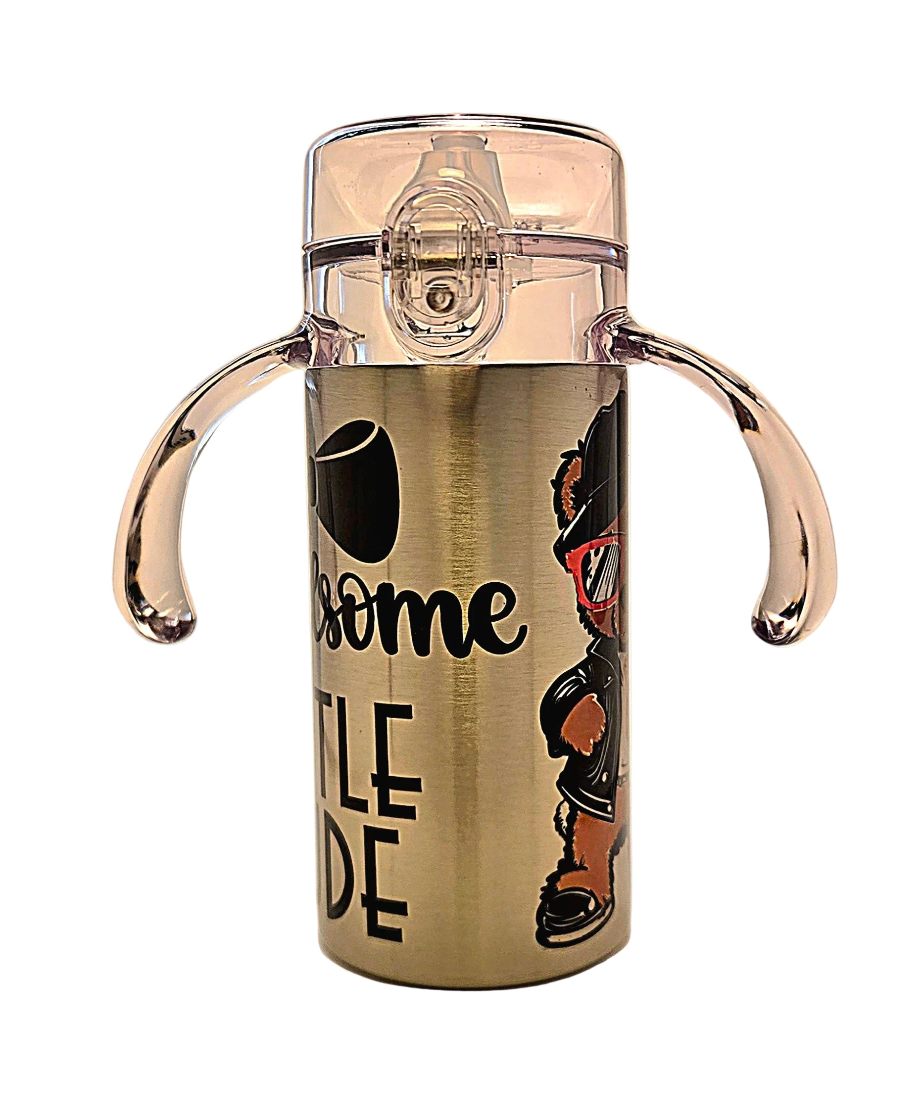 Stainless Steel tumbler with two large handles and teddy bear graphic and text.