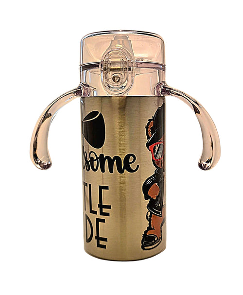 Stainless Steel tumbler with two large handles and teddy bear graphic and text.