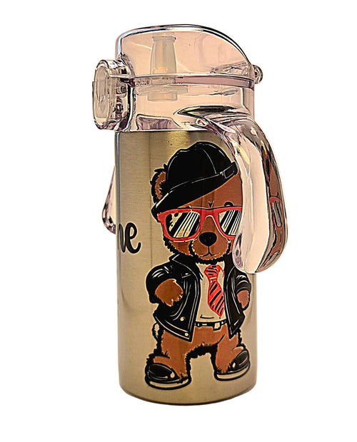 Water bottle with a bear design wearing sunglasses and a hat 