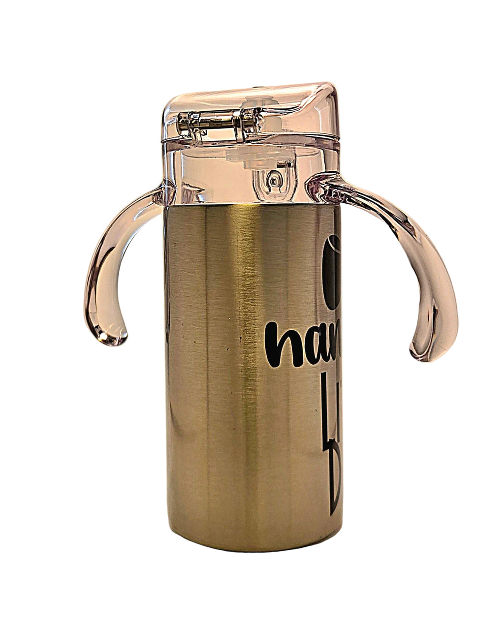 Stainless steel tumbler with clear lid and handles 