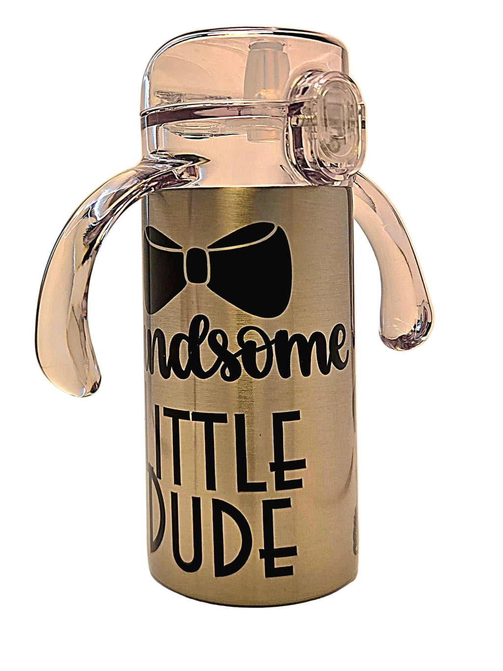 Metallic water bottle with 'Handsome Little Dude' text and bow tie design