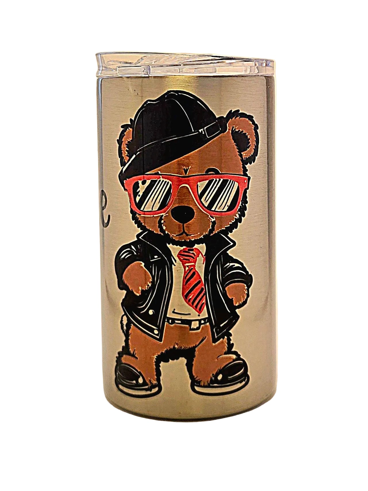 Tumbler with a bear design wearing sunglasses, a hat, and a jacket