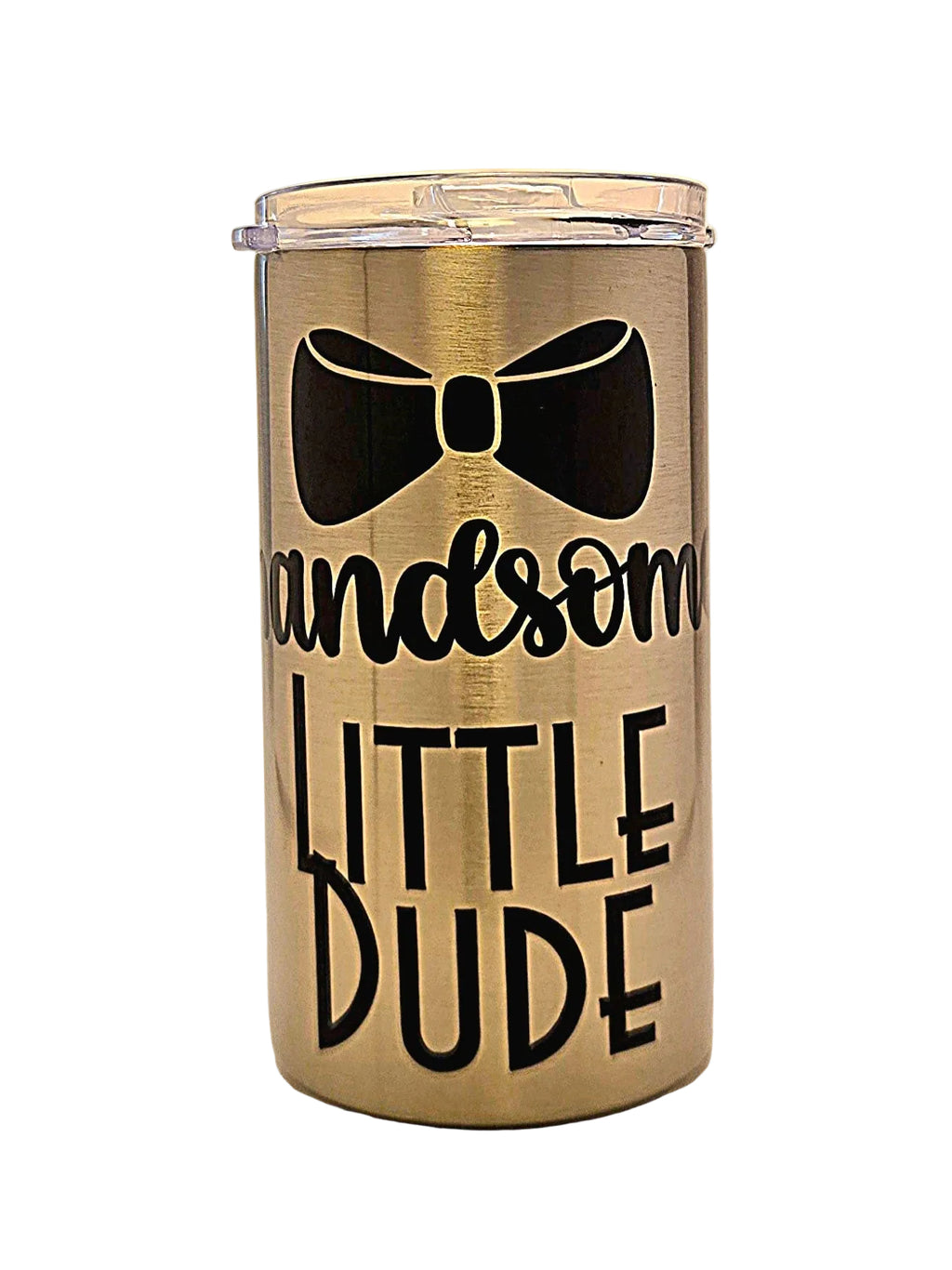 Tumbler with bow tie design and text 'Handsome Little Dude'