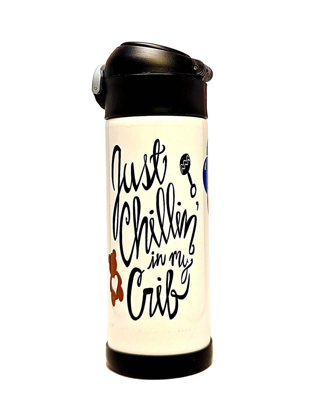 White tumbler with black text and design on a white background