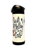 White tumbler with black text and design on a white background