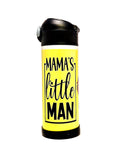 Yellow tumbler with 'Mama's little man' text on a white background