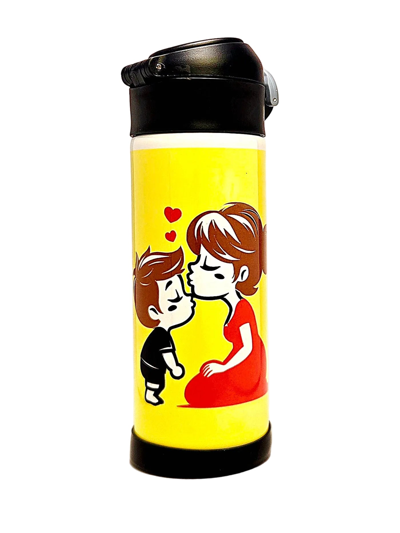 Yellow tumbler with cartoon design of a couple and a heart on a white background