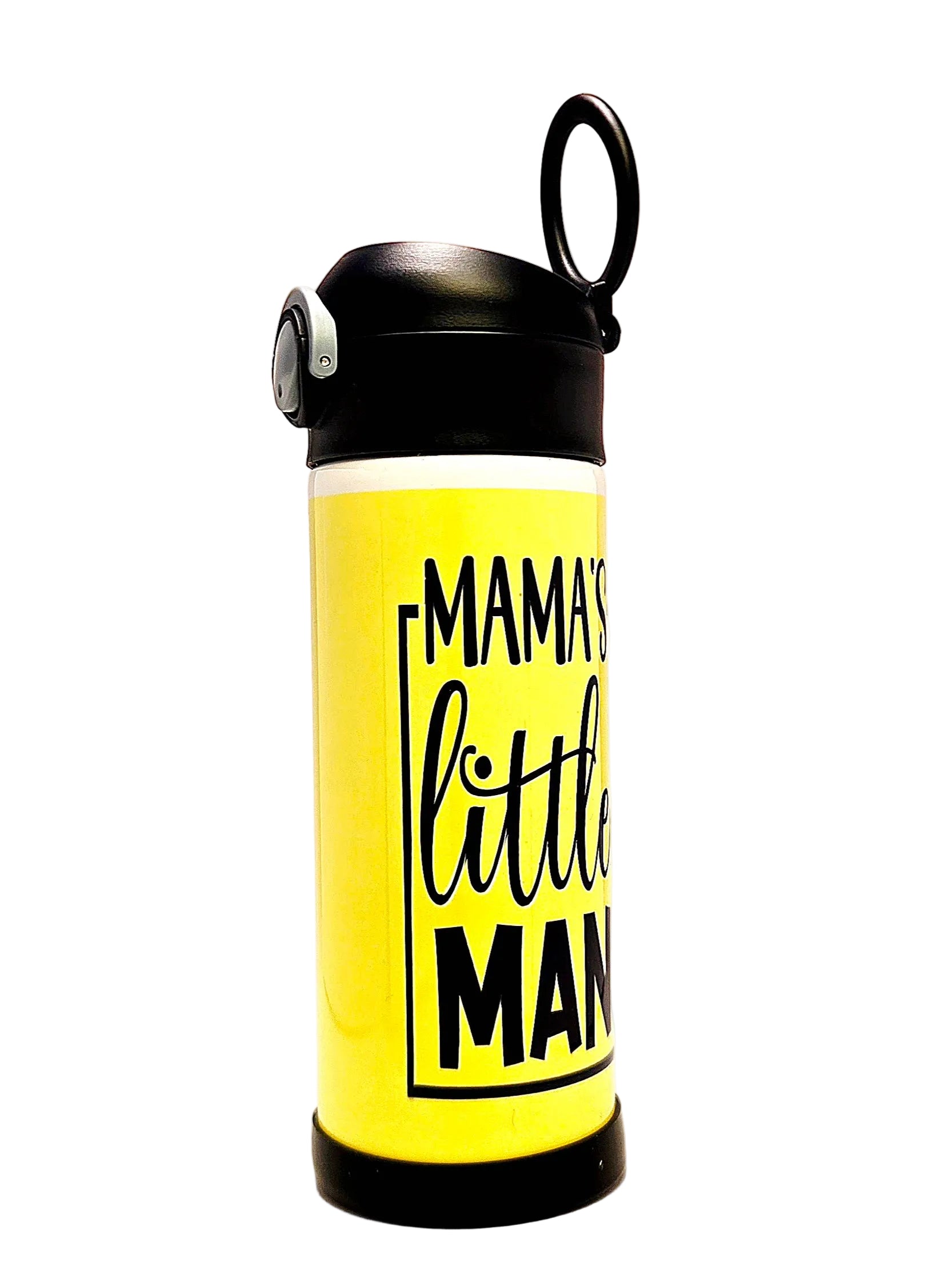 Yellow water bottle with 'Mama's little man' text on a white background