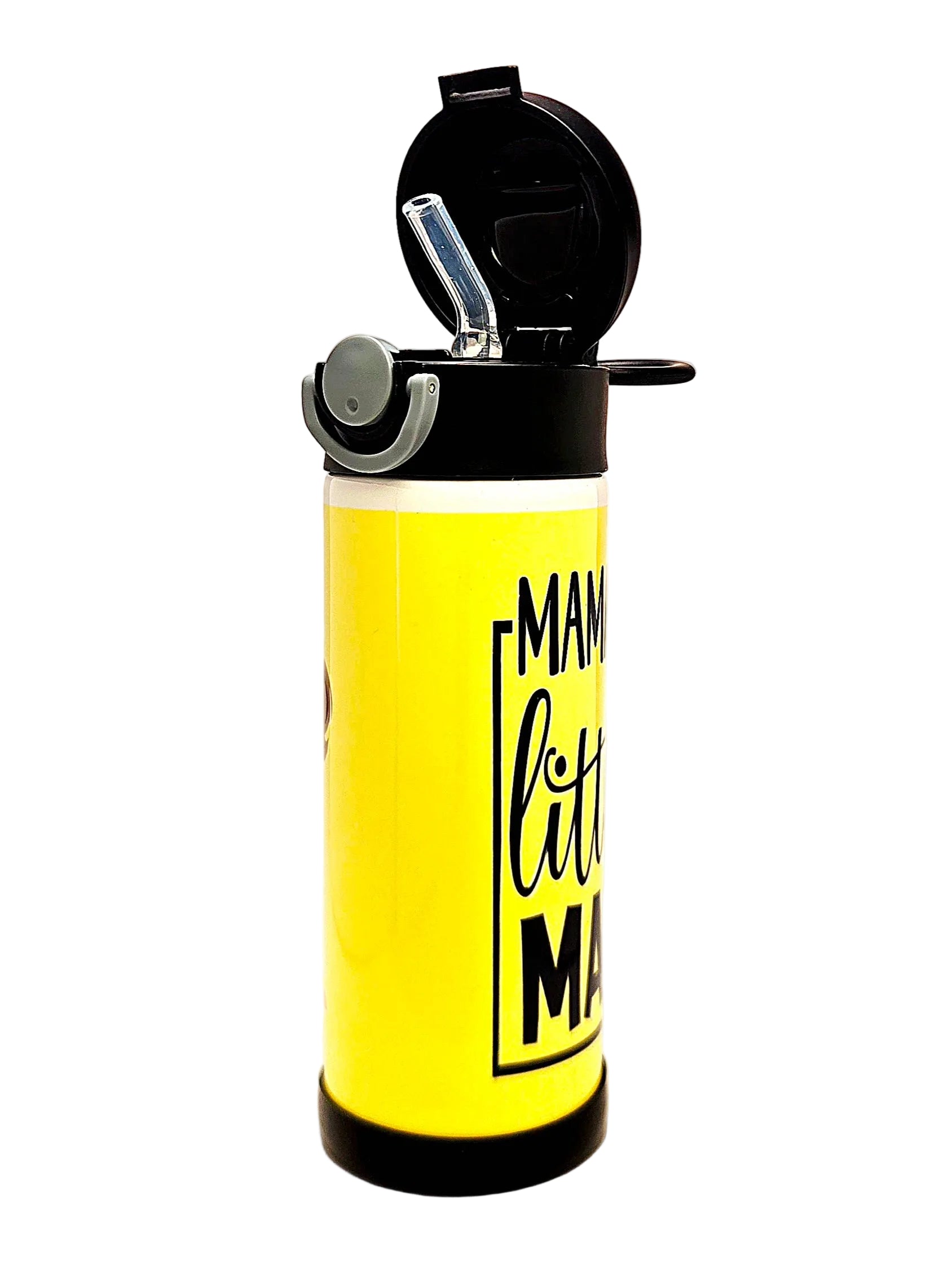 Yellow water bottle with black text and lid on a light background