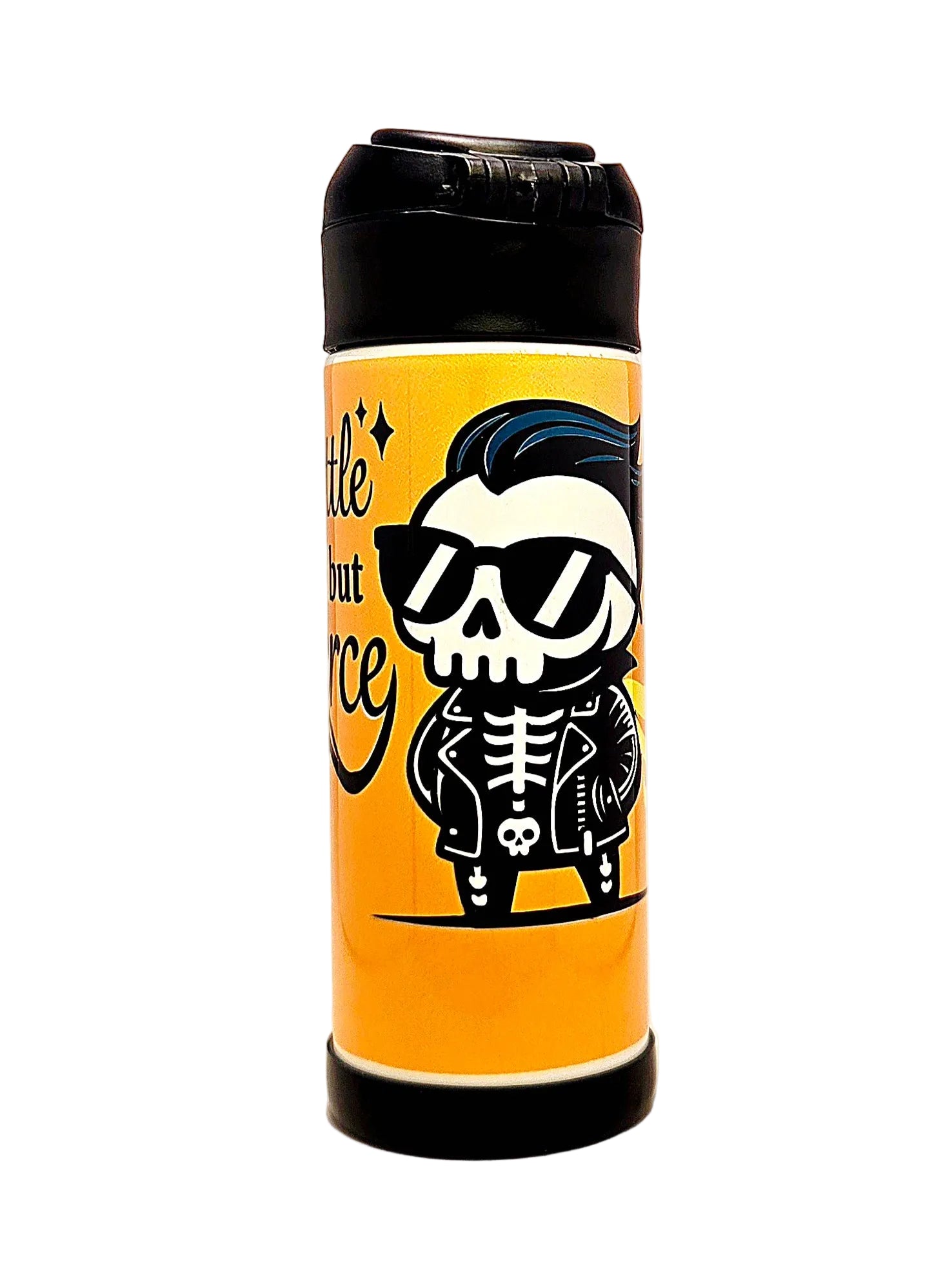 Tumbler with a skeleton design and text on a orange background