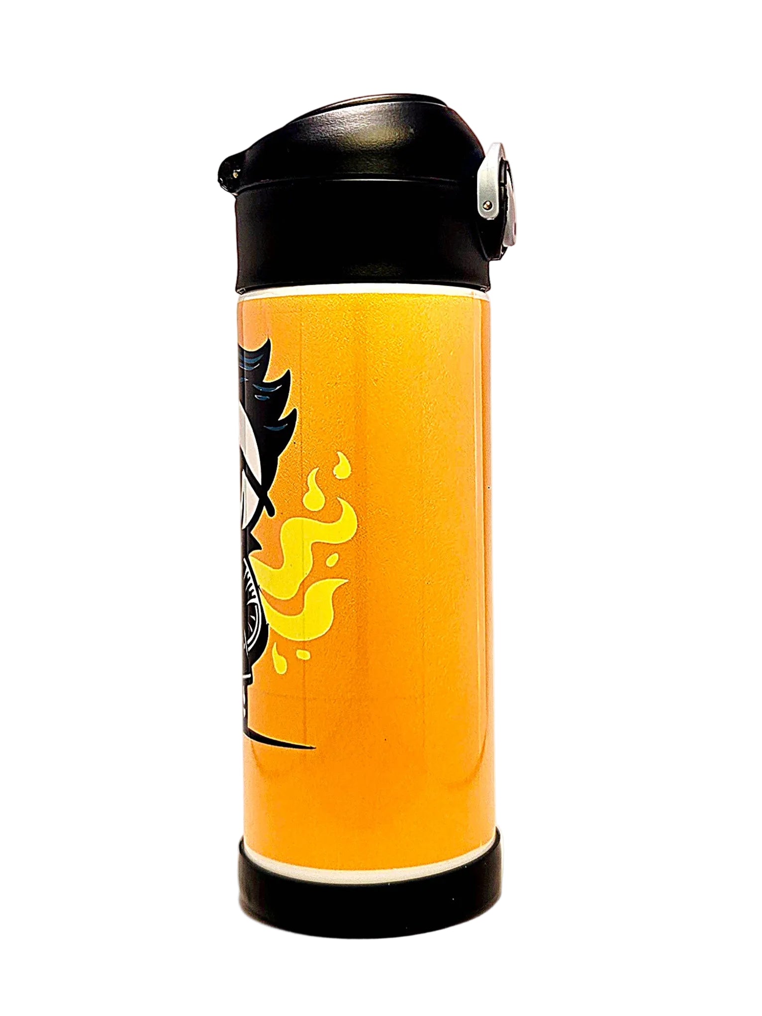 Orange travel mug with black lid and flame design on a white background
