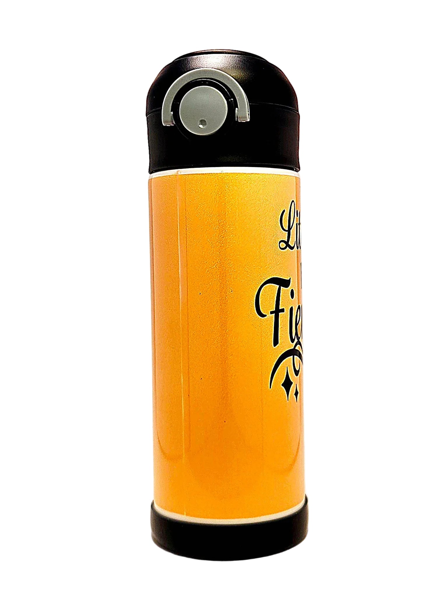 Orange thermos with black lid on a white background