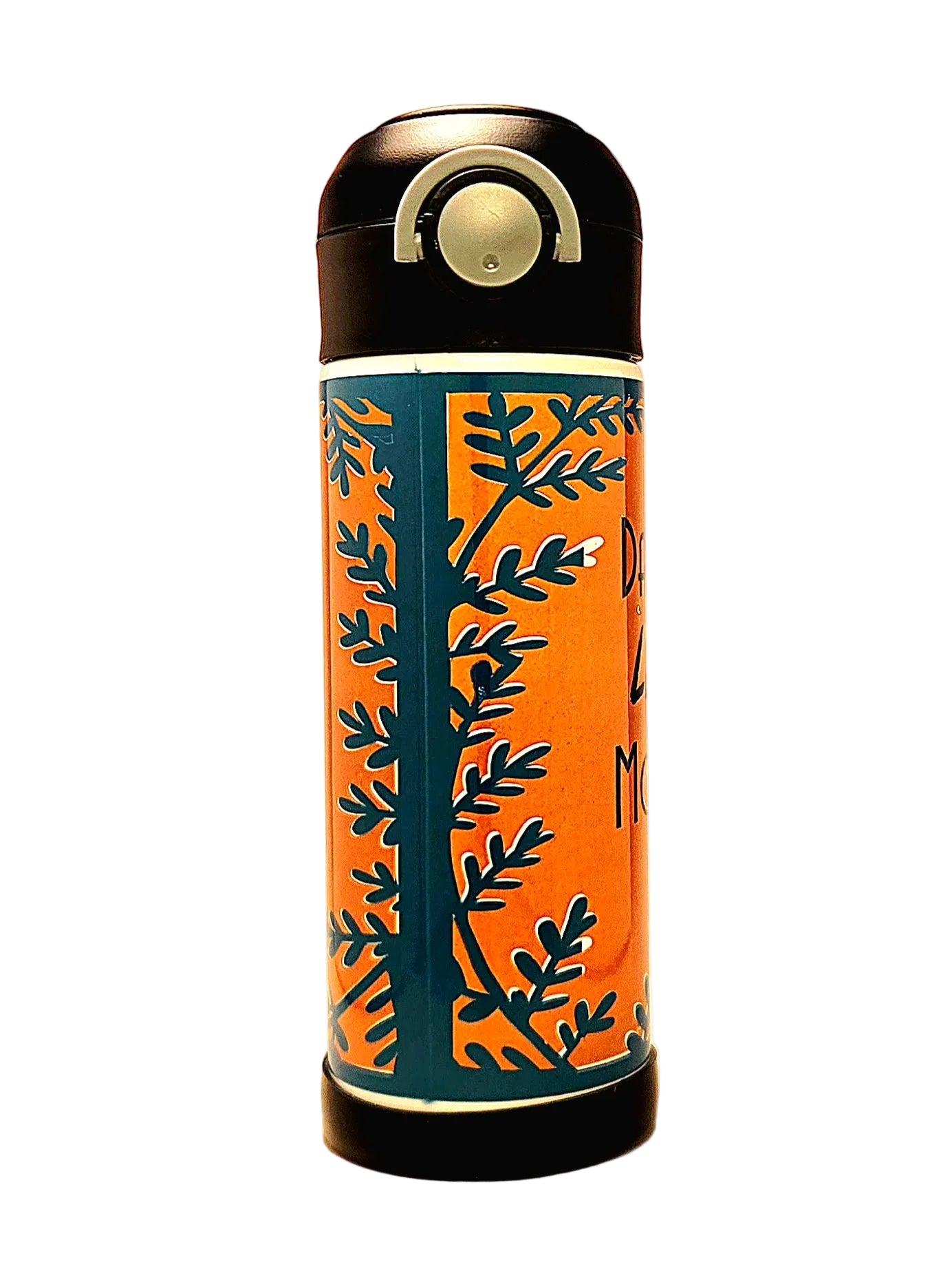 Thermos bottle with leaf pattern and text on an brown background