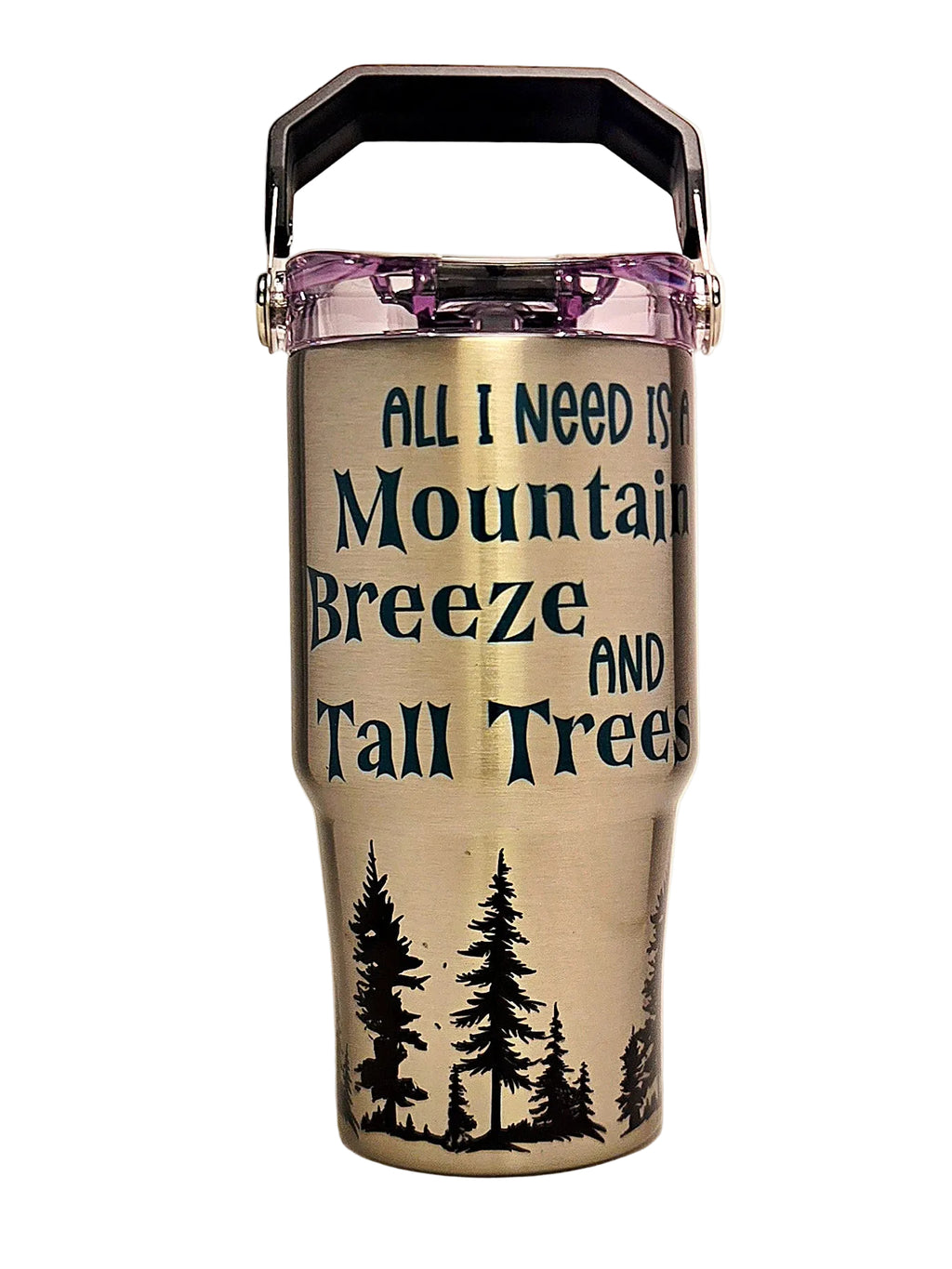Stainless steel tumbler with clear lid featuring text and tree silhouettes on a beige background