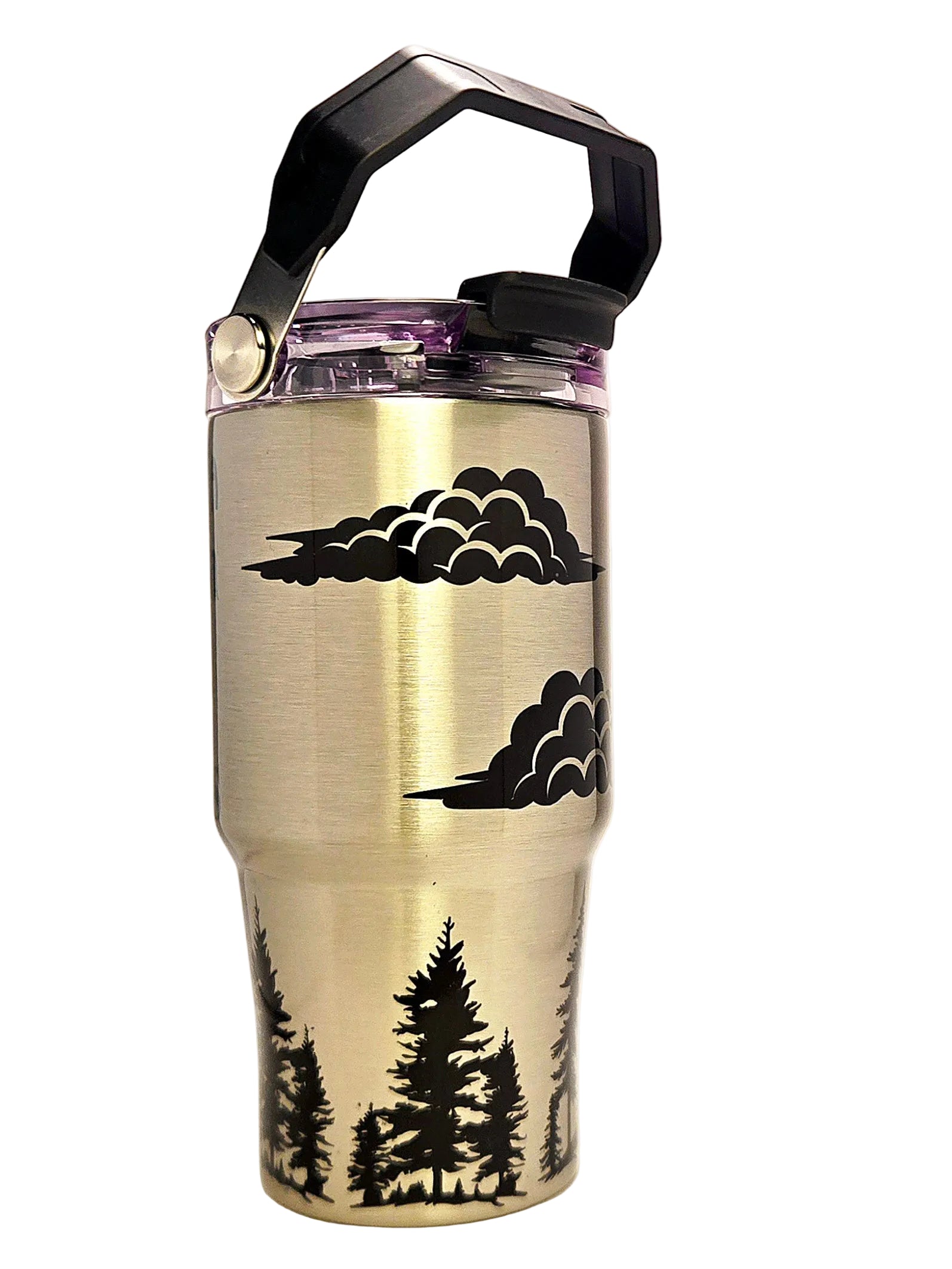 Stainless steel tumbler with black tree and cloud designs on a white background