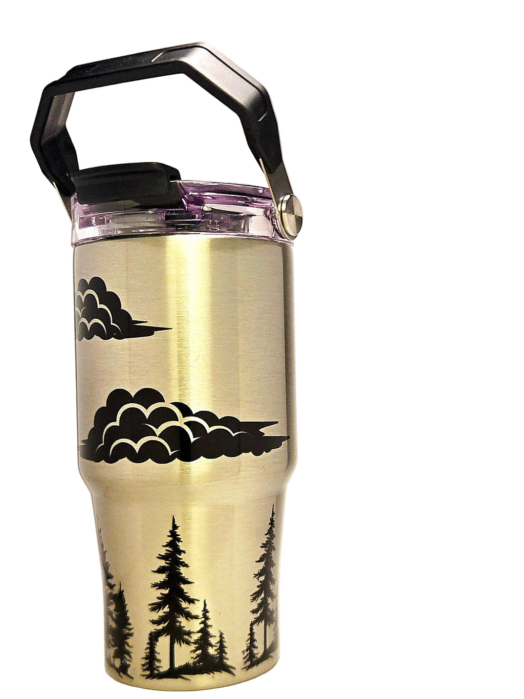 Stainless steel tumbler with black cloud and tree designs on a white background