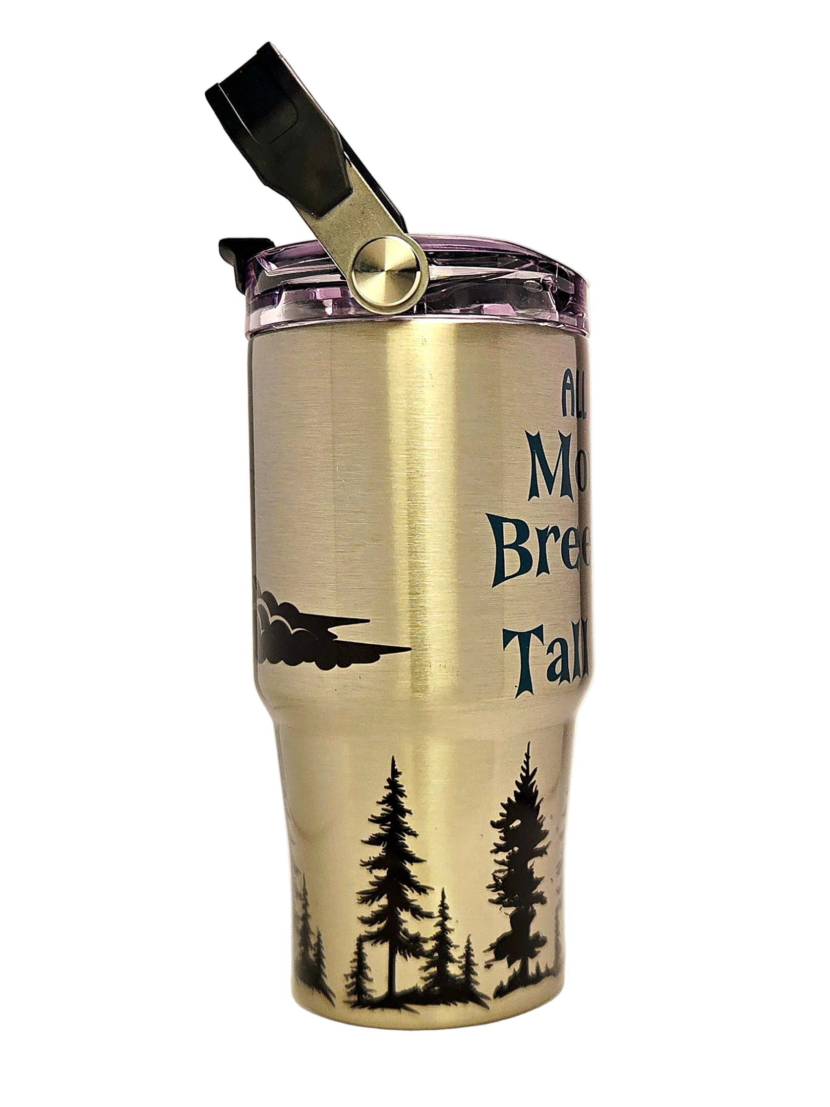 Stainless steel tumbler with tree design and text on a white background