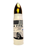 White Bullet shaped tumbler with gold tip and a gray colored Mustang and American flag