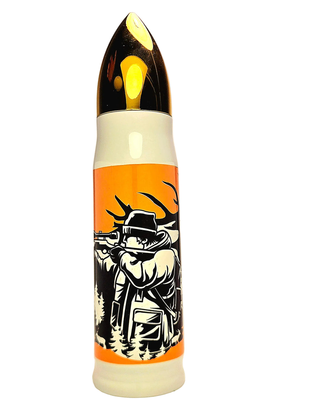 Bullet shaped tumbler with black graphic of a hunter and elk on a orange background