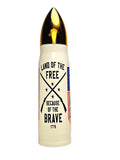 White bullet shaped tumbler with black text 