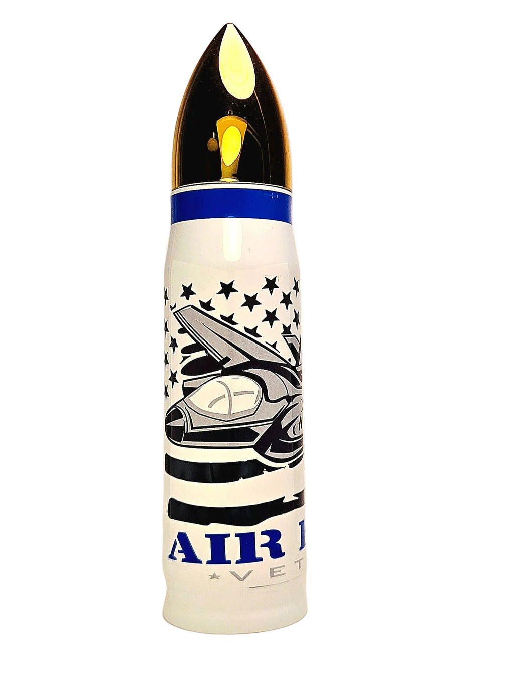 Tumbler with American flag and fighter jet design and 'AIR VETERAN' text on a white background
