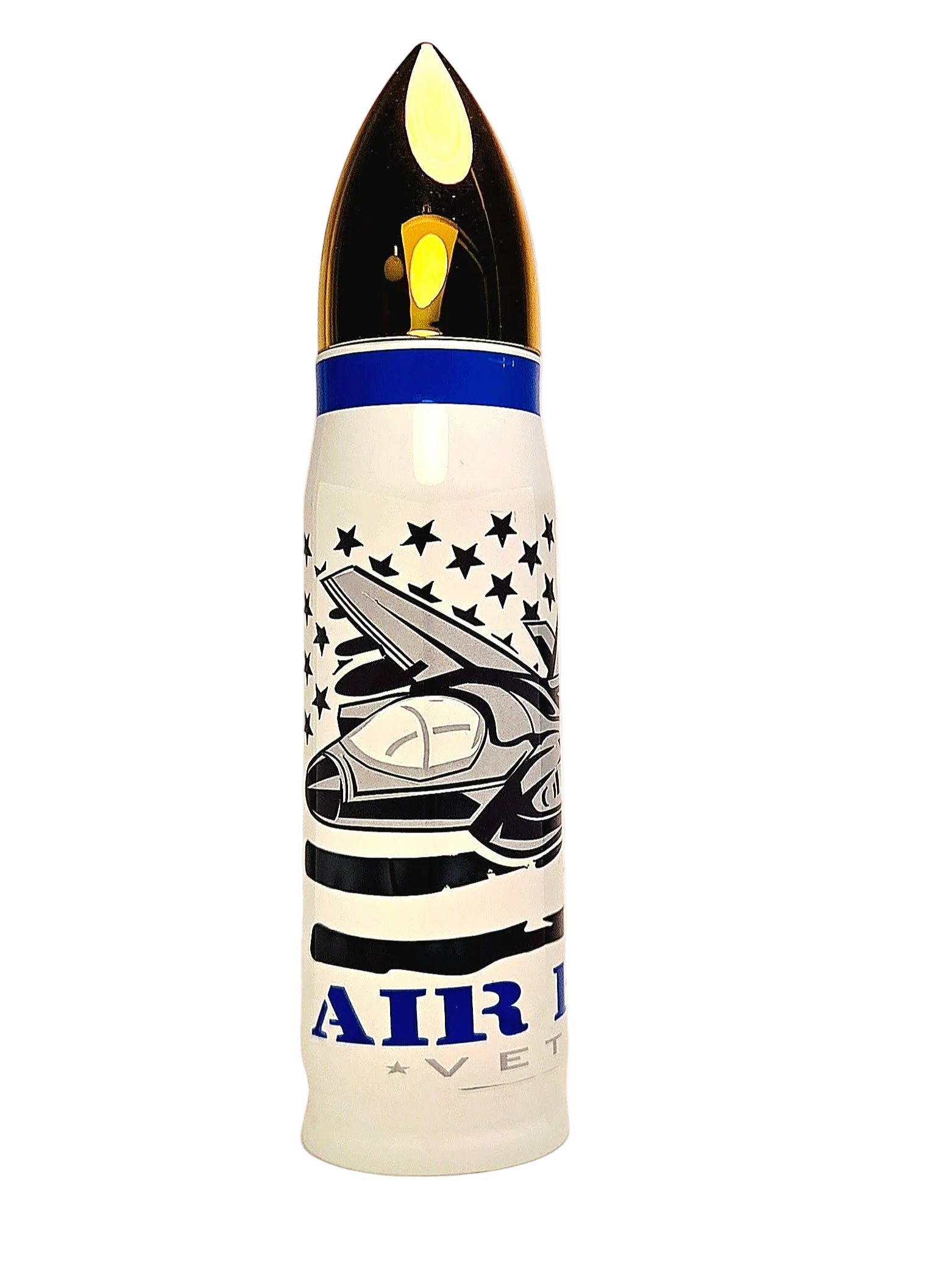 Tumbler with American flag and fighter jet design and 'AIR VETERAN' text on a white background