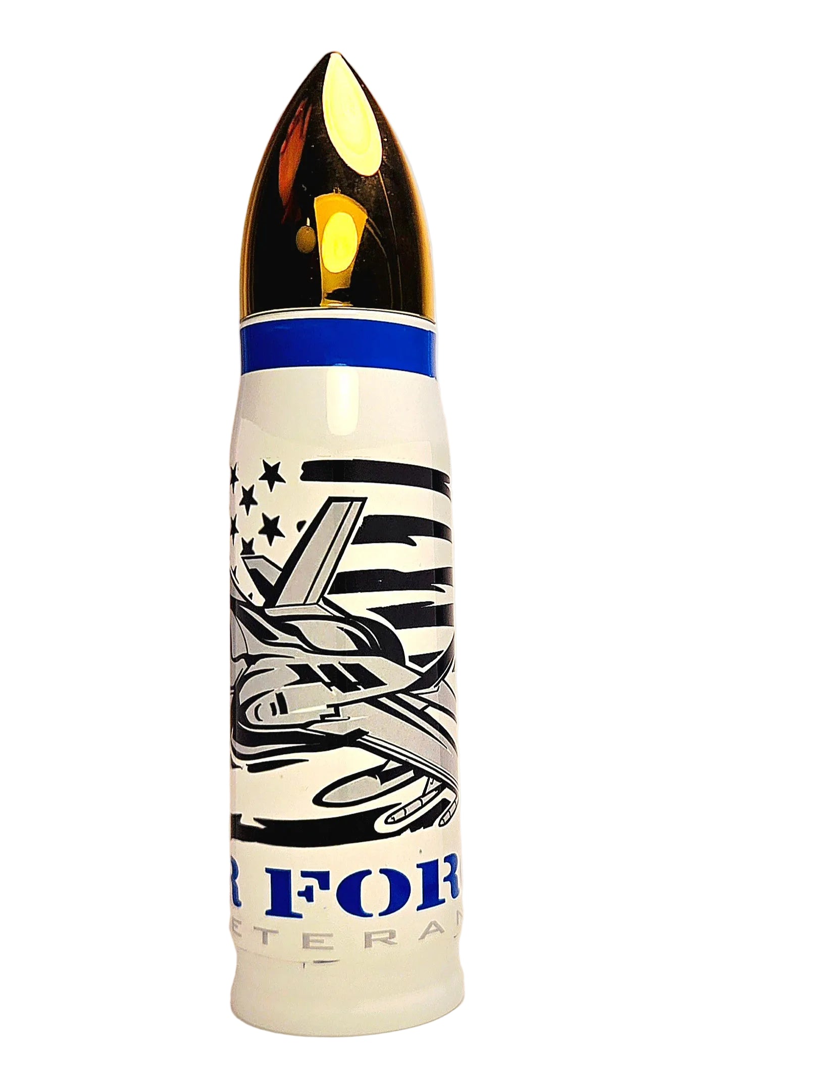 Tumbler with American flag and fighter jet design and 'AIR VETERAN' text on a white background