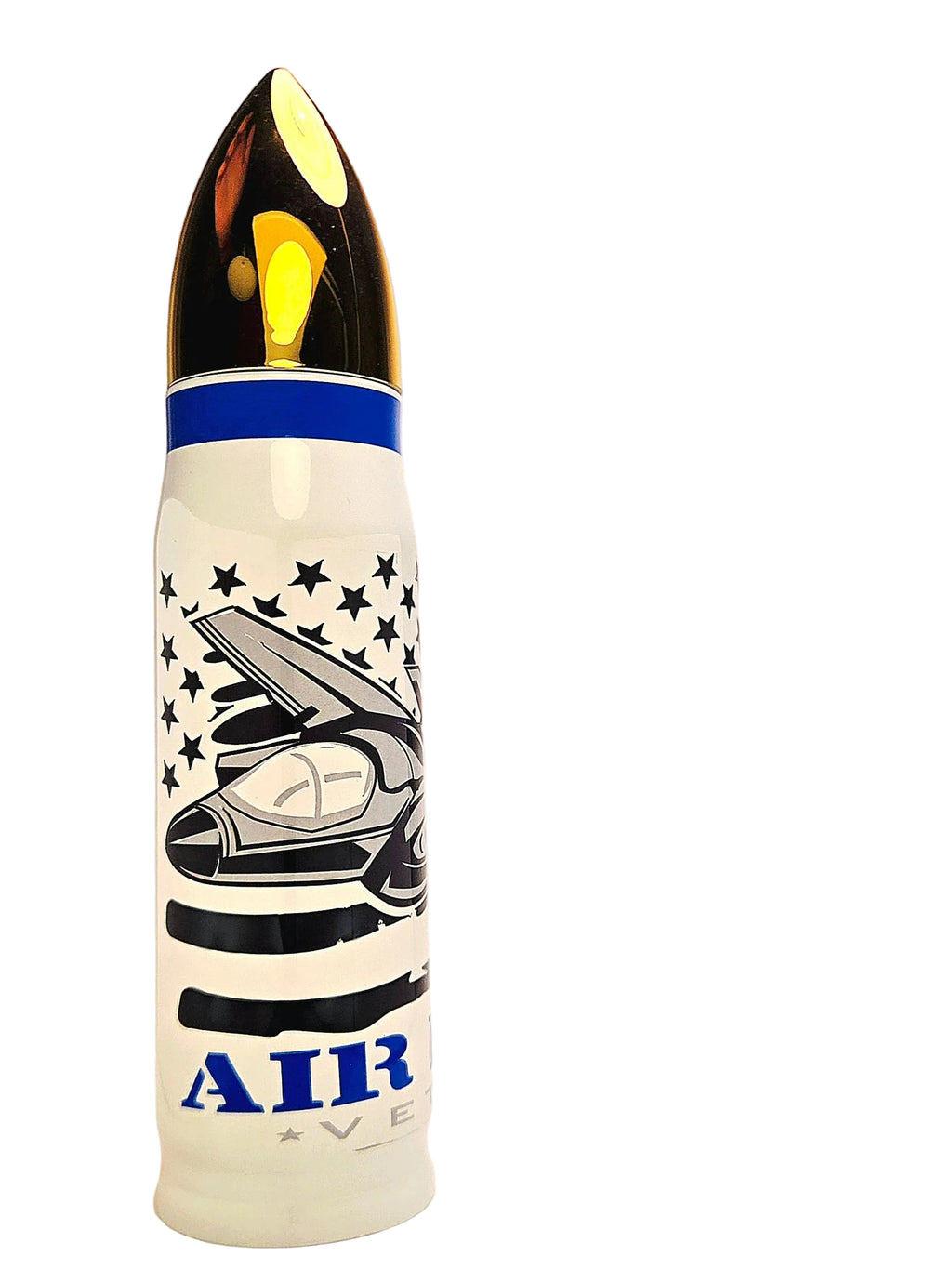 Tumbler with American flag and fighter jet design and 'AIR VETERAN' text on a white background