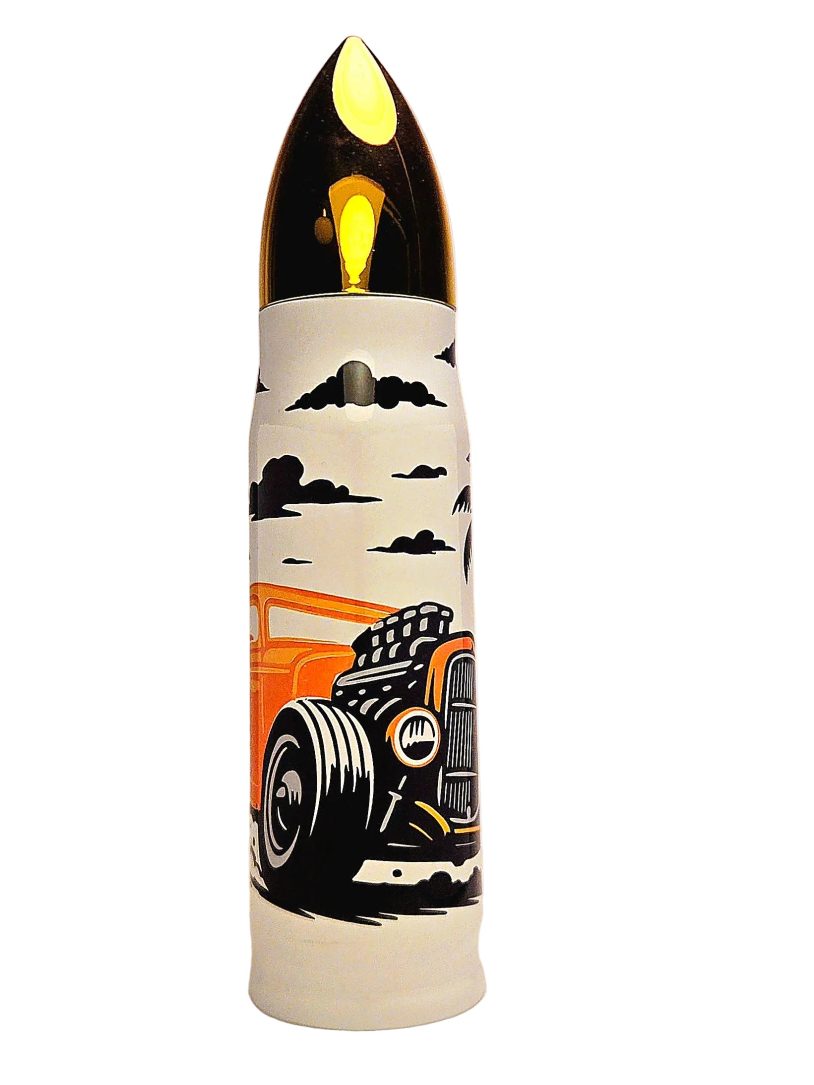 Tumbler with a design of a vintage car and clouds on a white background
