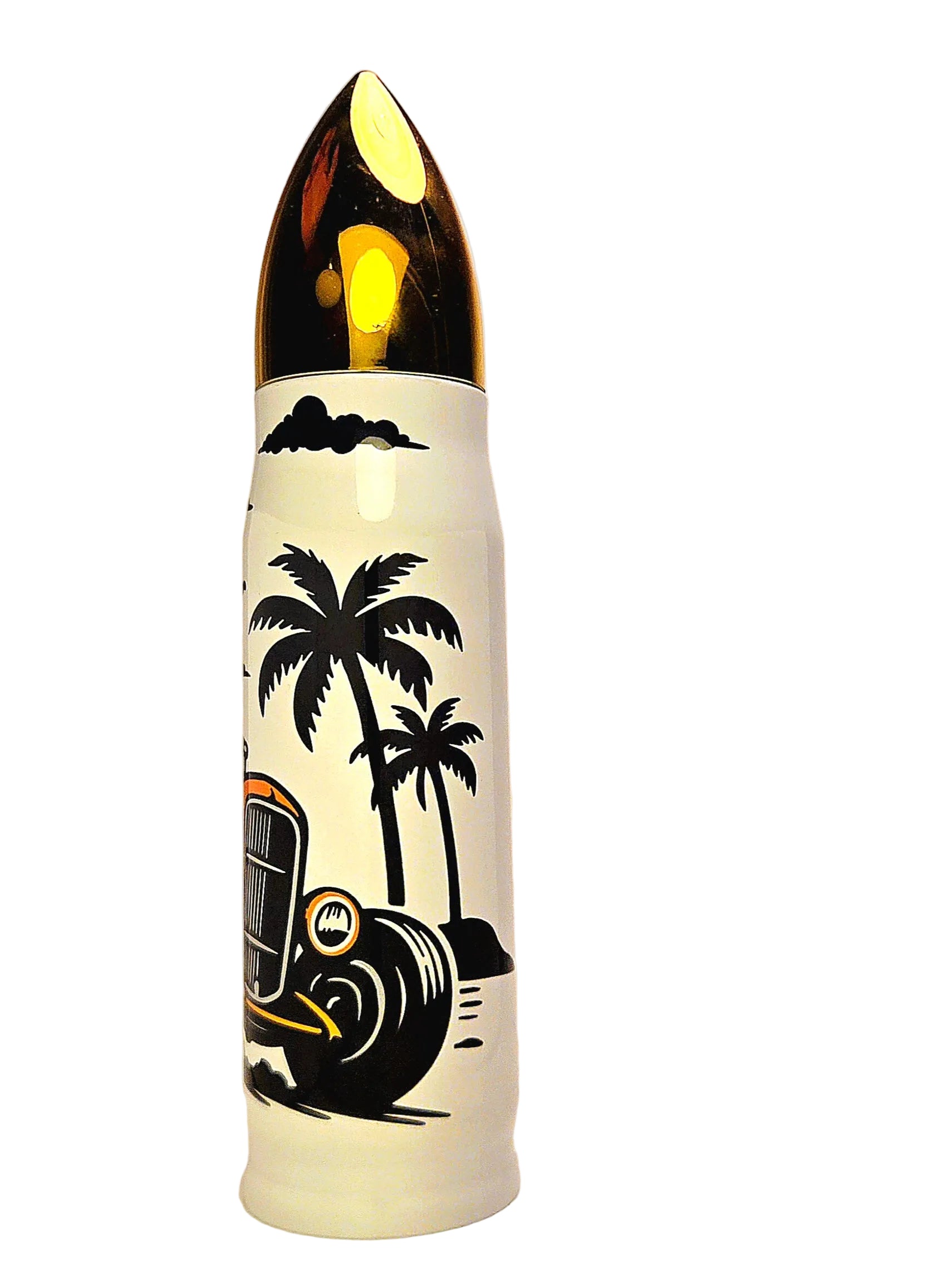 Tumbler with palm trees and car design on a white background