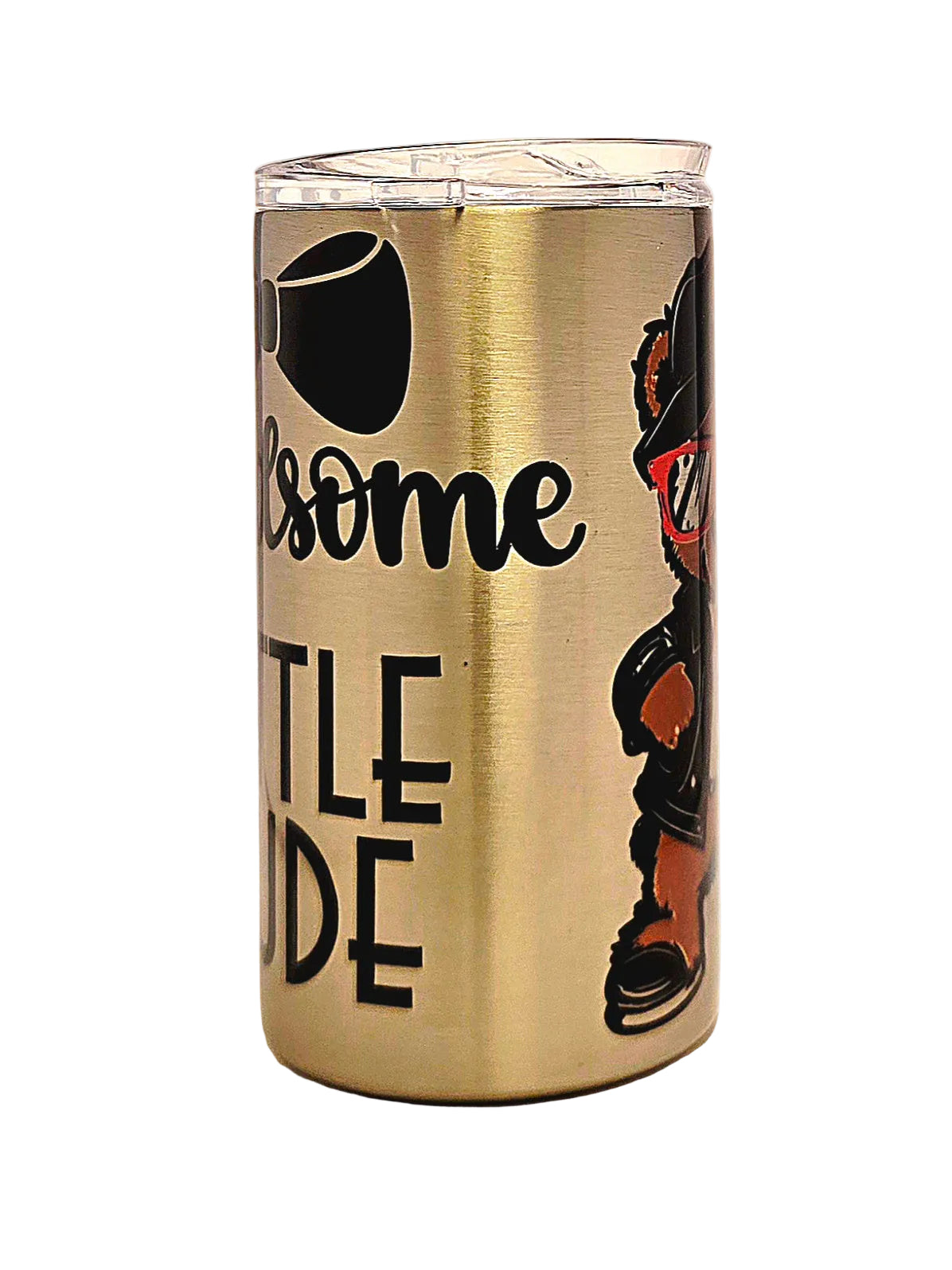 A brushed stainless steel tumbler with a clear plastic lid, featuring a bow tie graphic, the word 'handsome little dude' in bold block letters, alongside a teddy bear with sunglasses.