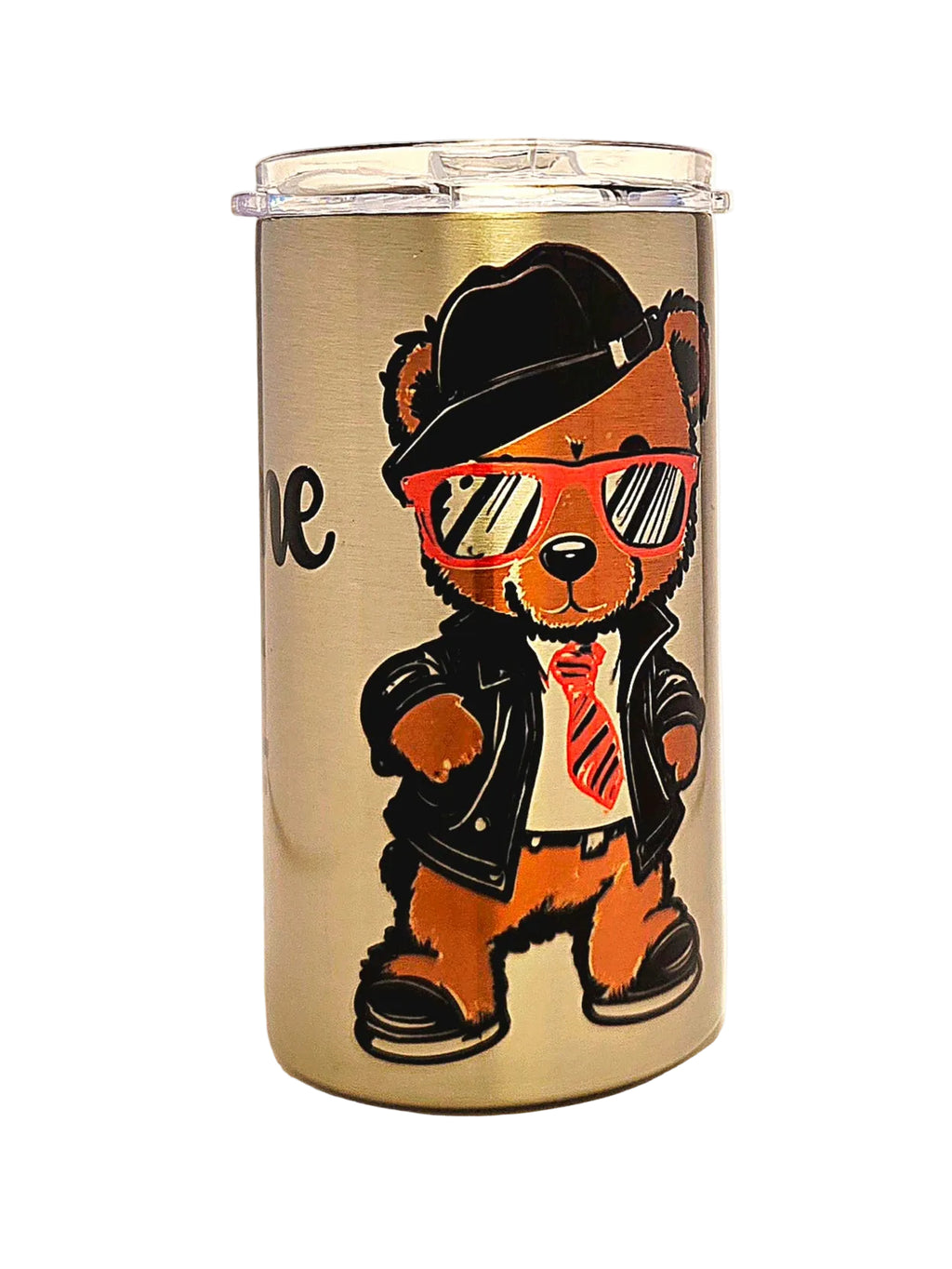 A stainless steel insulated tumbler with a clear lid, featuring a cartoon teddy bear wearing a black hat, sunglasses, jacket, and striped tie printed on the side.