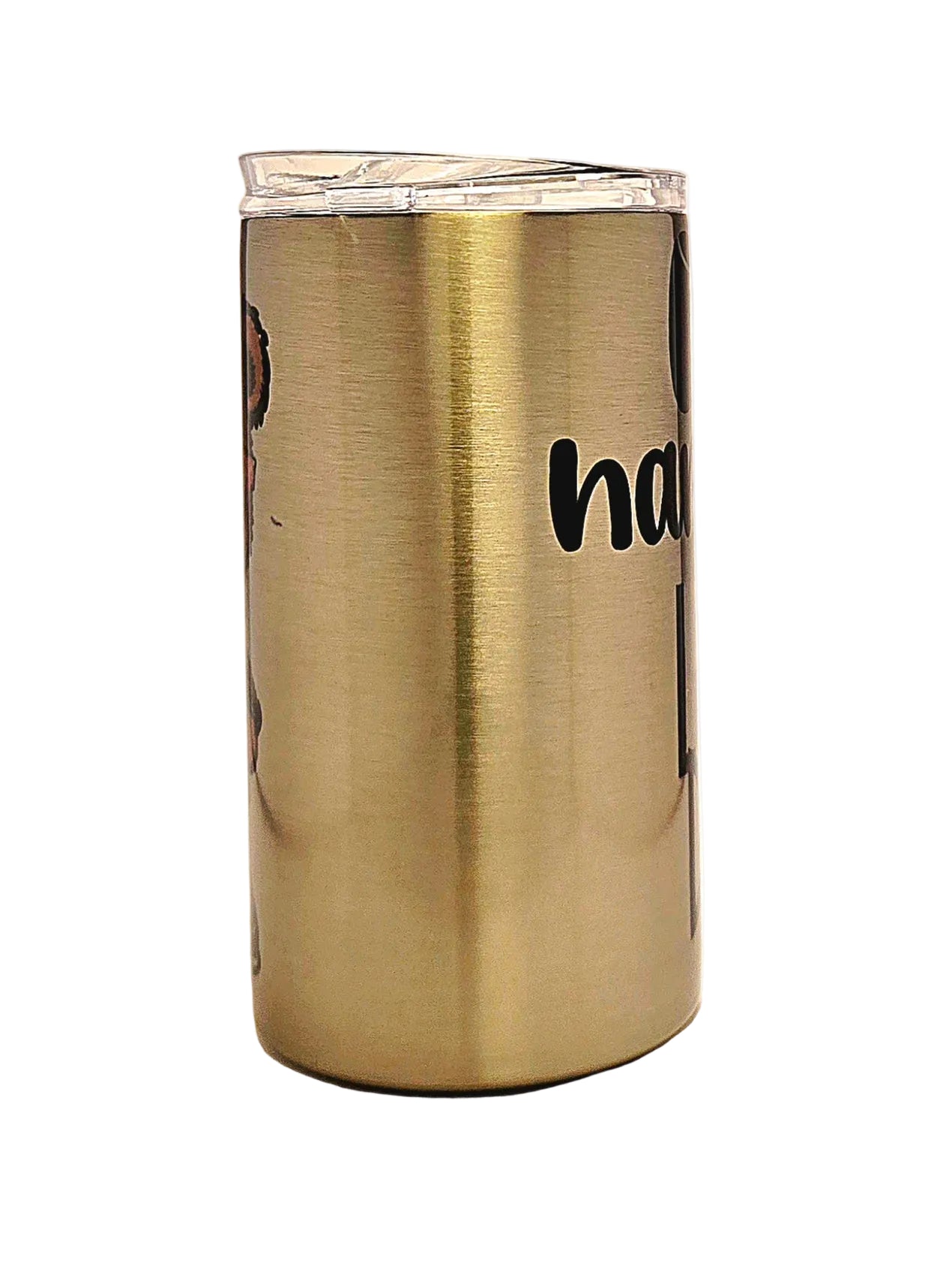 A brushed stainless steel tumbler with a clear plastic lid, featuring partial black printed text and a small graphic on the side.