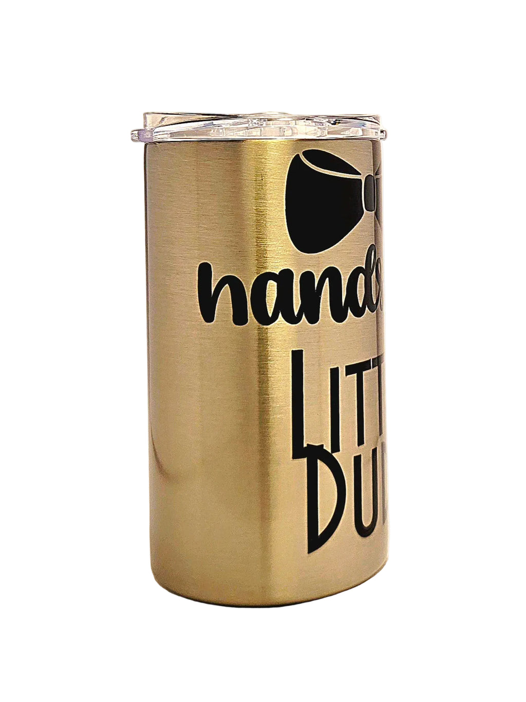 A brushed stainless steel tumbler with a clear lid, featuring black printed text.