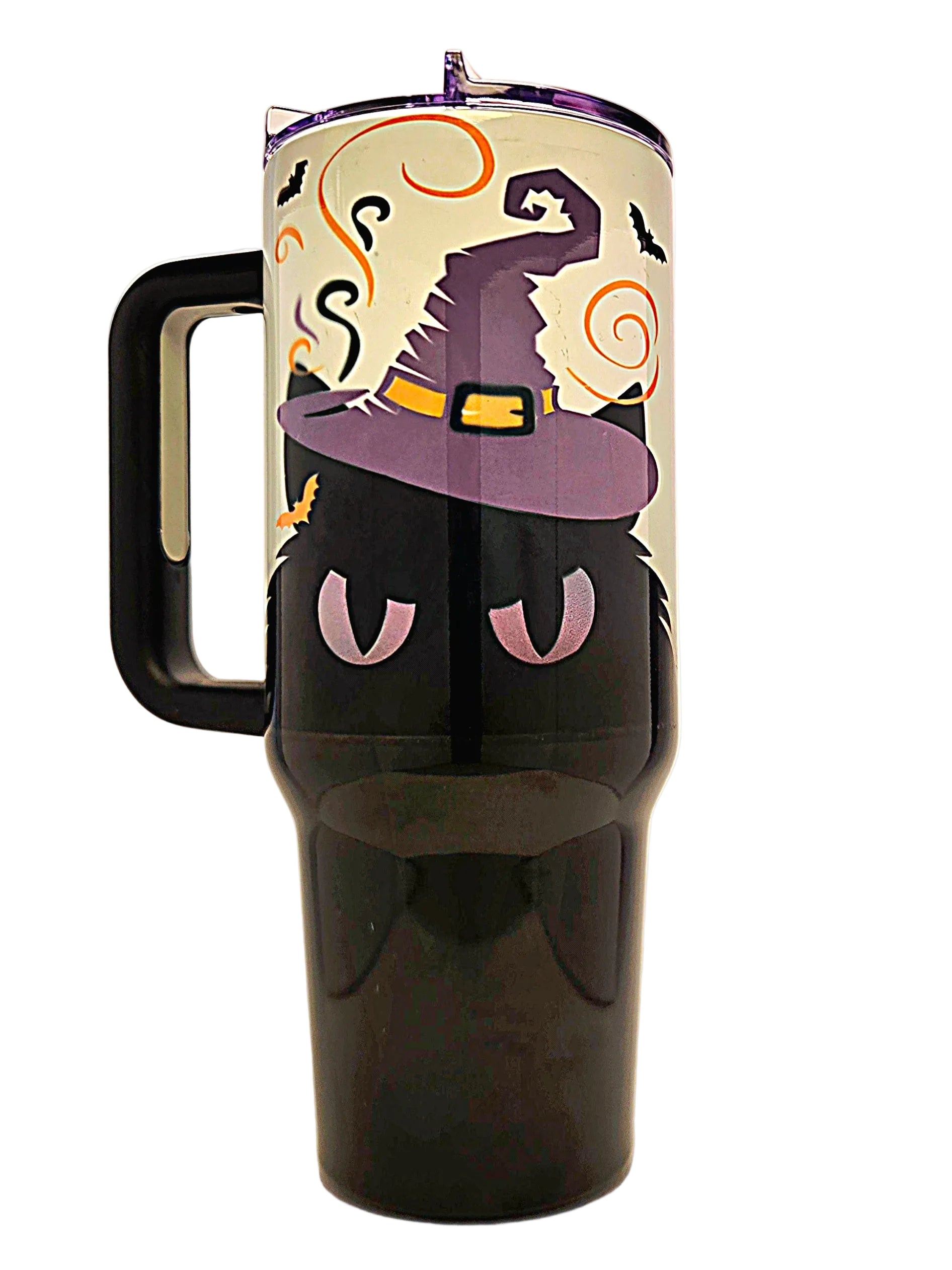 A black handled travel tumbler with a Halloween-themed design featuring a black cat with pink eyes, a purple witch hat, and orange swirls.