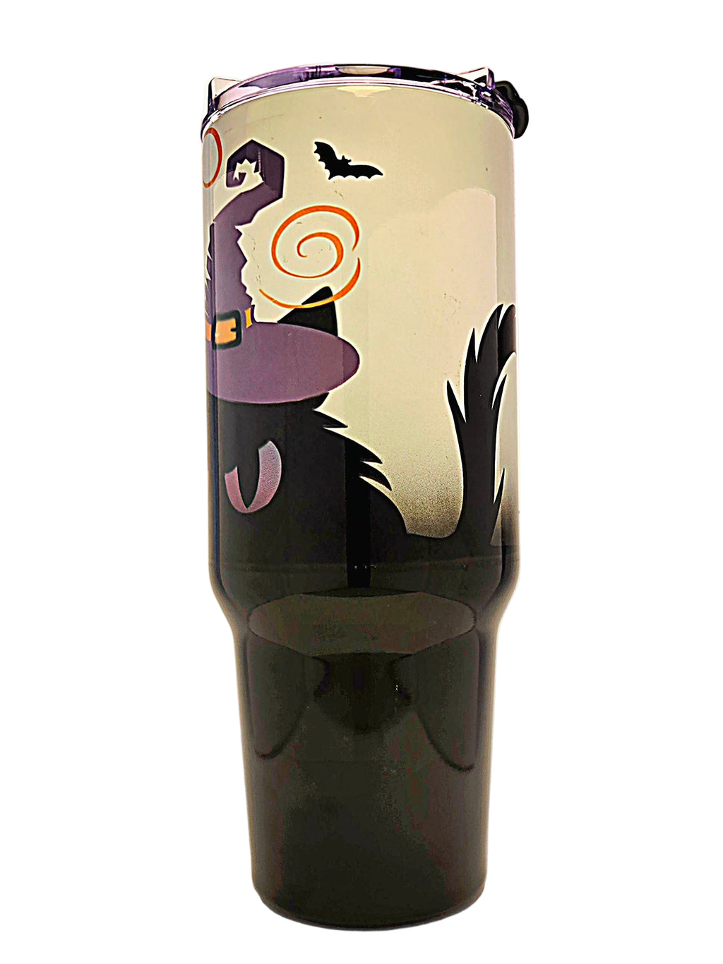 A tall insulated travel tumbler with a lid, featuring a Halloween-themed graphic print of a witch's hat, a cat silhouette, bats, and an orange spiral on a black-to-white gradient background.