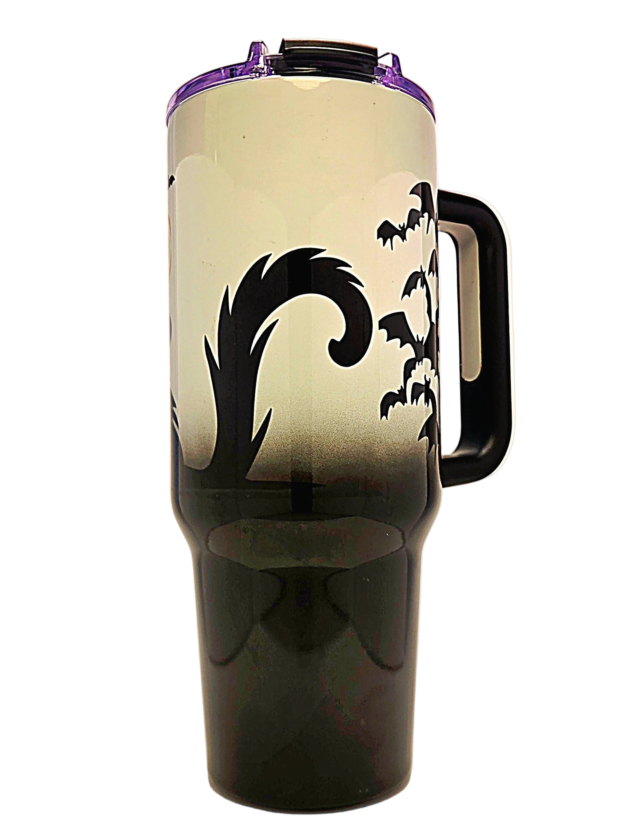 A tall insulated travel tumbler with a handle, featuring a black and white gradient design with a stylized black bat silhouettes on the side, topped with a clear lid.