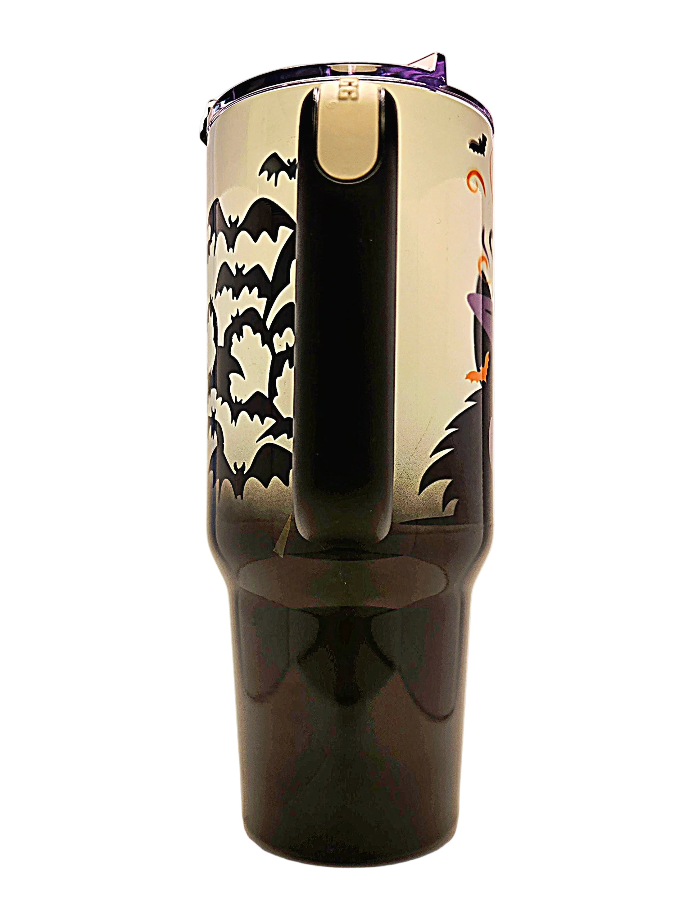 A tall insulated travel mug with a Halloween theme, featuring black bat silhouettes on a white-to-black gradient background. The mug has a black handle.