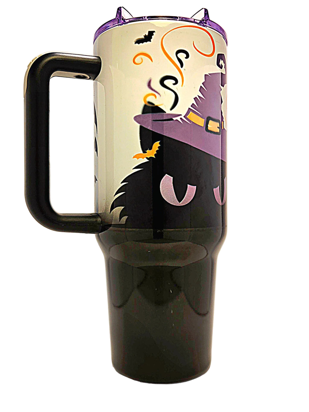 A tall insulated travel mug with a black handle and black lower half, decorated with a witch and cat Halloween design in purple, black, orange, and white.
