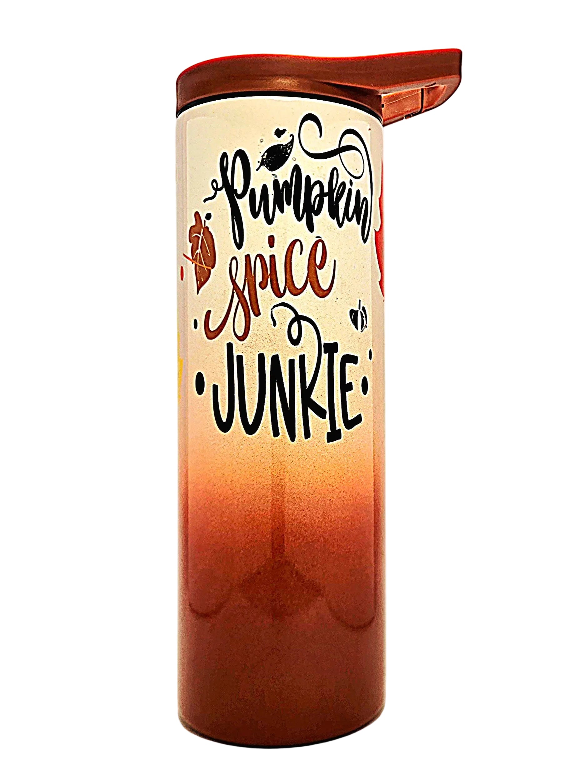 A tall insulated tumbler with a flip-top lid, featuring a white-to-orange gradient body and the text 'Pumpkin Spice JUNKIE' in decorative lettering, photographed against a plain light background.
