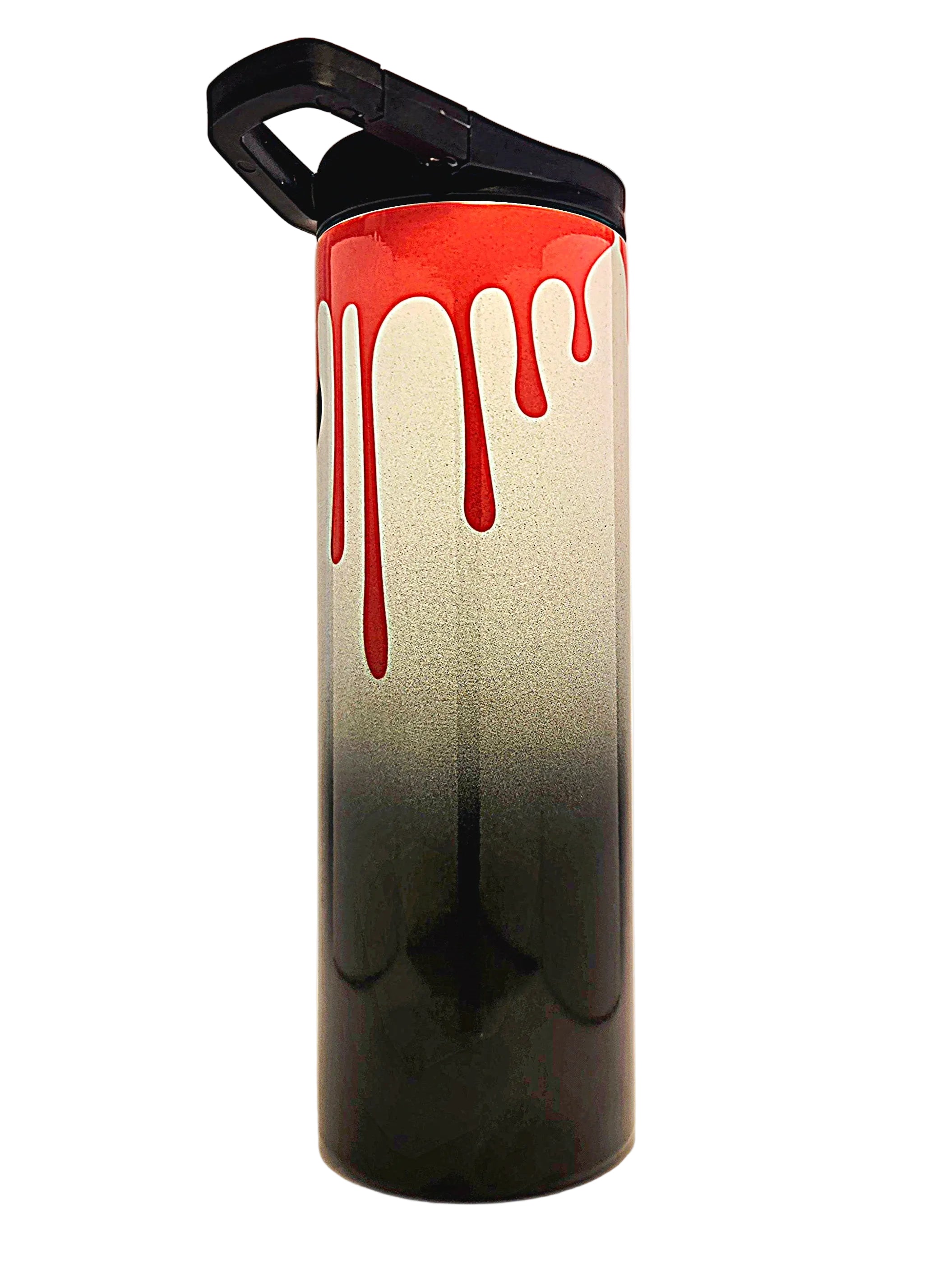 A tall insulated tumbler with a black lid and handle, featuring a red-to-black gradient body with a dripping red blood design near the top, shown against a plain light background.