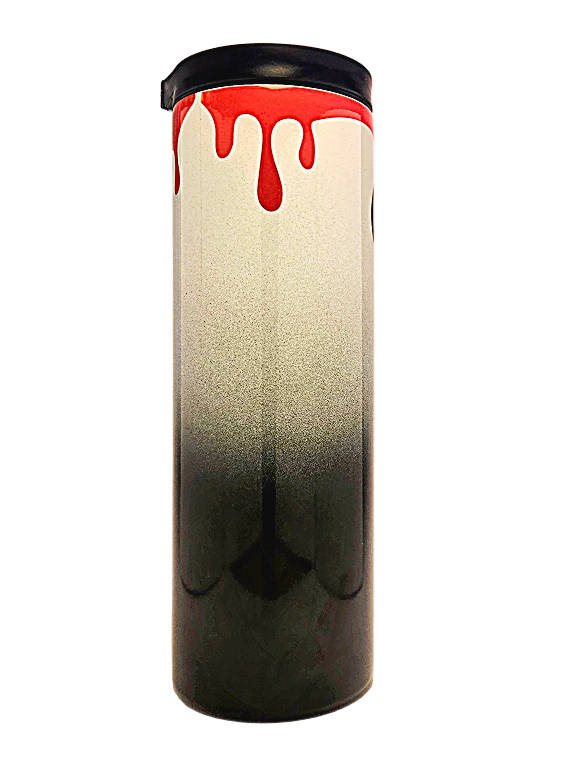 A tall cylindrical tumbler with a black lid, featuring a black-to-white gradient body with a bright red dripping blood design near the top, set against a plain light background.