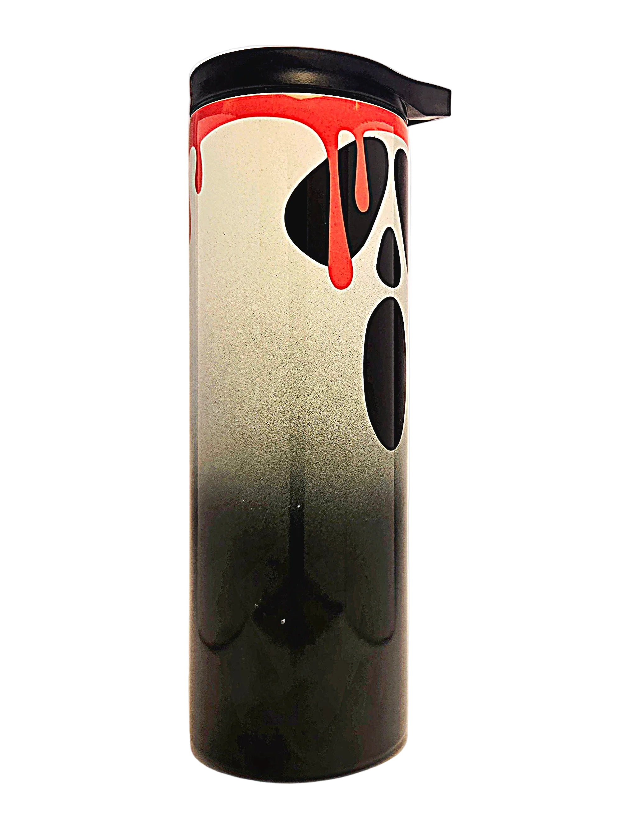 A tall cylindrical travel tumbler with a black lid, featuring a black and white gradient body with a large black ghost features and dripping red blood details near the top.