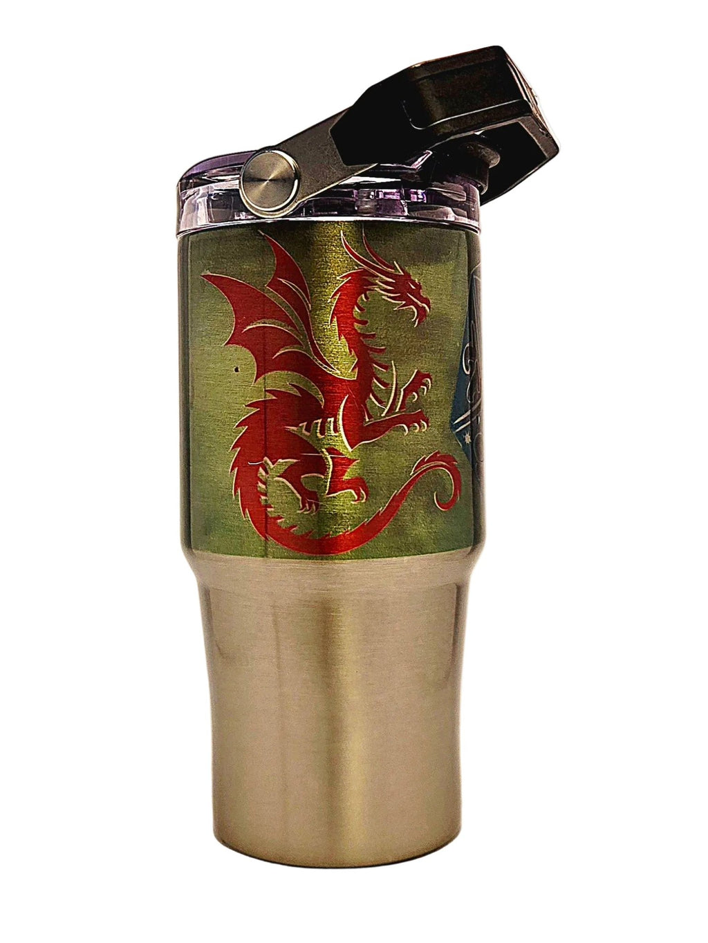 20oz D20 Dice with Mystic Dragon Stainless Tumbler with carrying handle - Coffee Quips Custom Drinkware