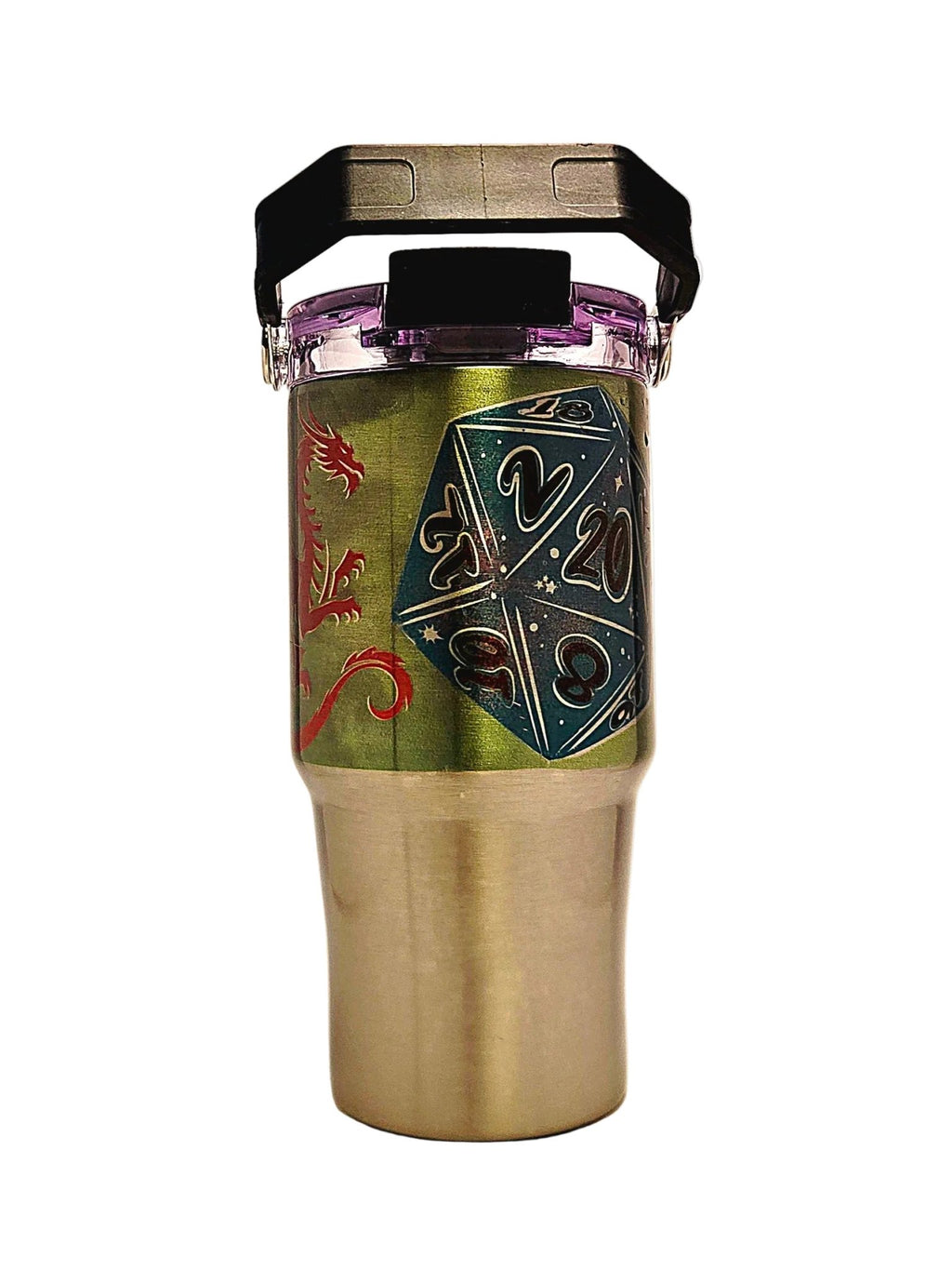 20oz D20 Dice with Mystic Dragon Stainless Tumbler with carrying handle - Coffee Quips Custom Drinkware