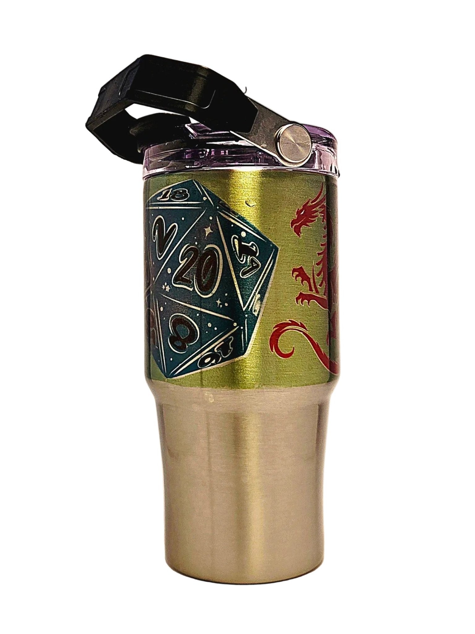 20oz D20 Dice with Mystic Dragon Stainless Tumbler with carrying handle - Coffee Quips Custom Drinkware